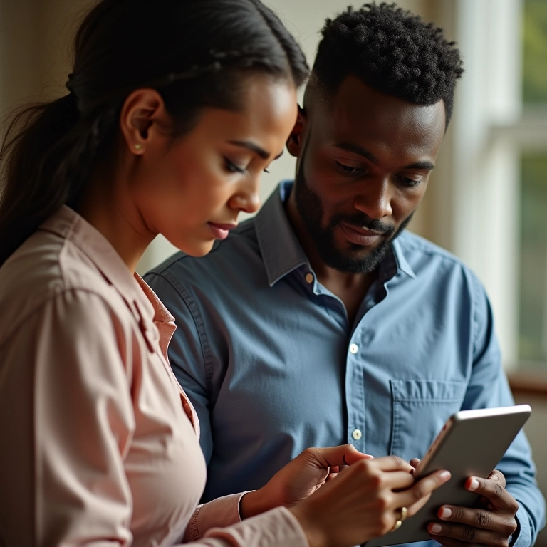 Casal analisando portfólio de fornecedor de casamento.