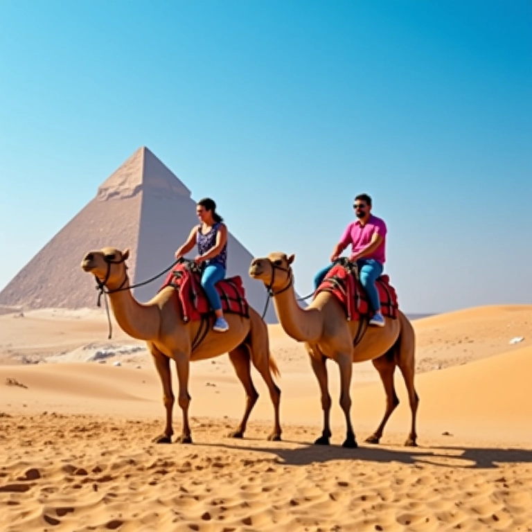 Casal andando de camelo perto das pirâmides do Egito.