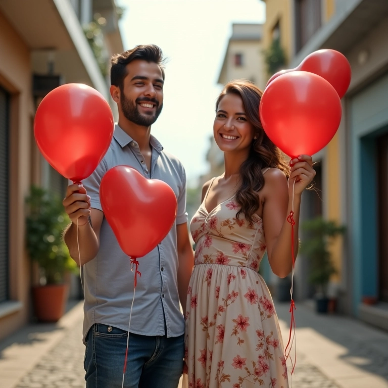 Casal anunciando o noivado de forma criativa na cidade.