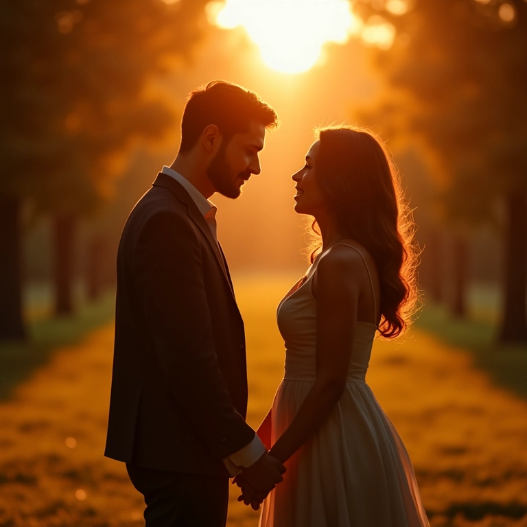 Casal apaixonado de mãos dadas com mensagem romântica.