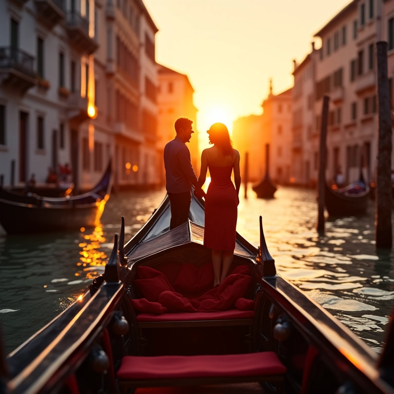 Passeio de Gôndola em Veneza: O Clássico Romântico Casal apaixonado em um romântico passeio de gôndola em Veneza ao pôr do sol.