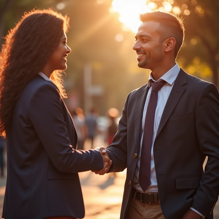 Casal apertando a mão de fornecedor, simbolizando confiança.