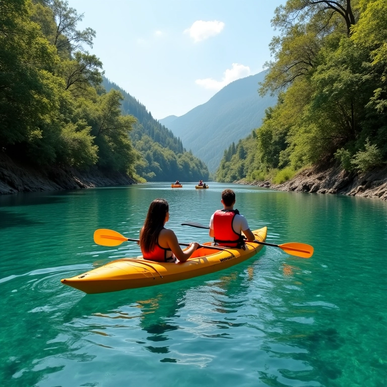 Lua de Mel em Bonito: Ecoturismo e Águas Cristalinas Casal aproveitando lua de mel em Bonito, navegando em caiaque em rio cristalino.