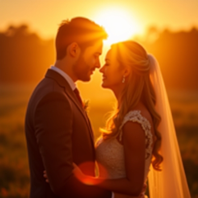 Casal banhado pela luz dourada durante os votos de casamento.