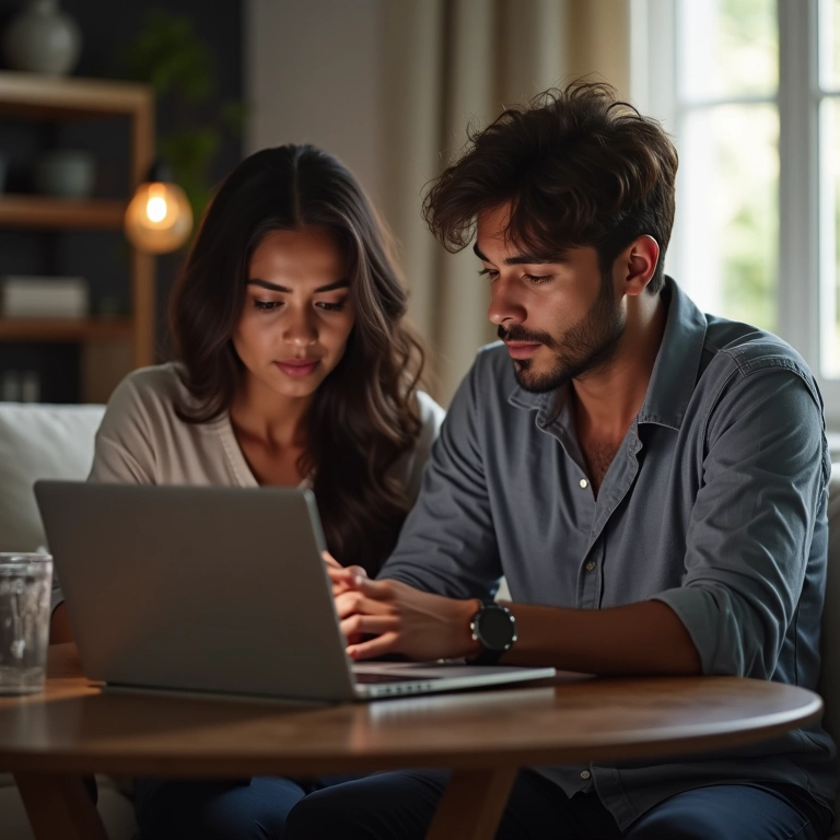 Casal brasileiro lendo votos personalizados em tela durante casamento virtual.