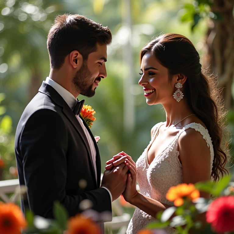 Casamento Virtual: Como Organizar uma Cerimônia Online Casal brasileiro realiza casamento online com decoração vibrante.