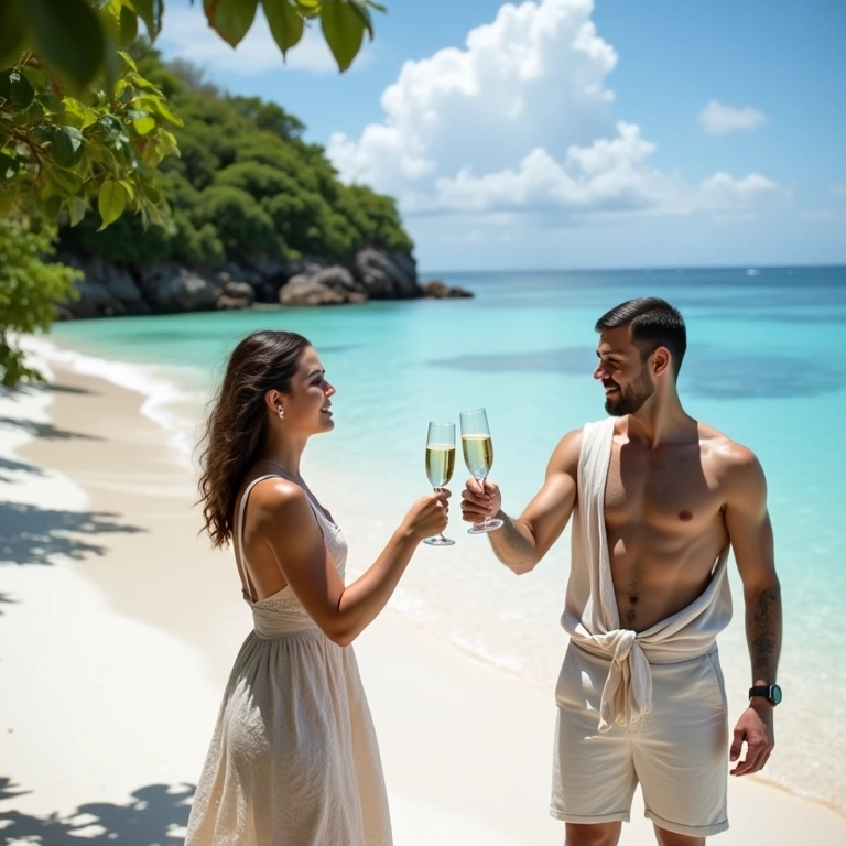 Casal brindando com champanhe em praia paradisíaca nas Ilhas Maurício.