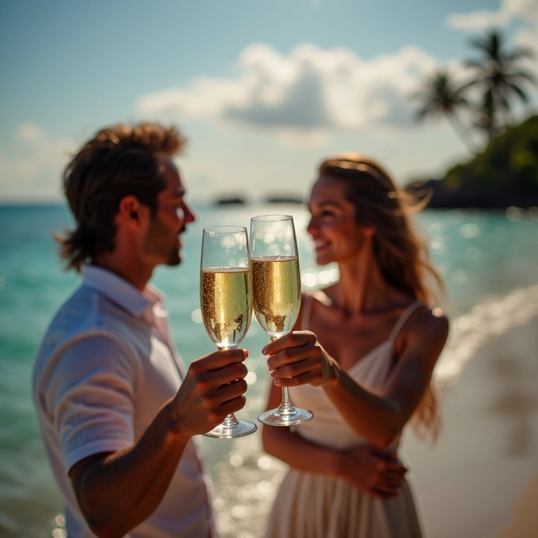 Casal brindando com champanhe na praia no Taiti.