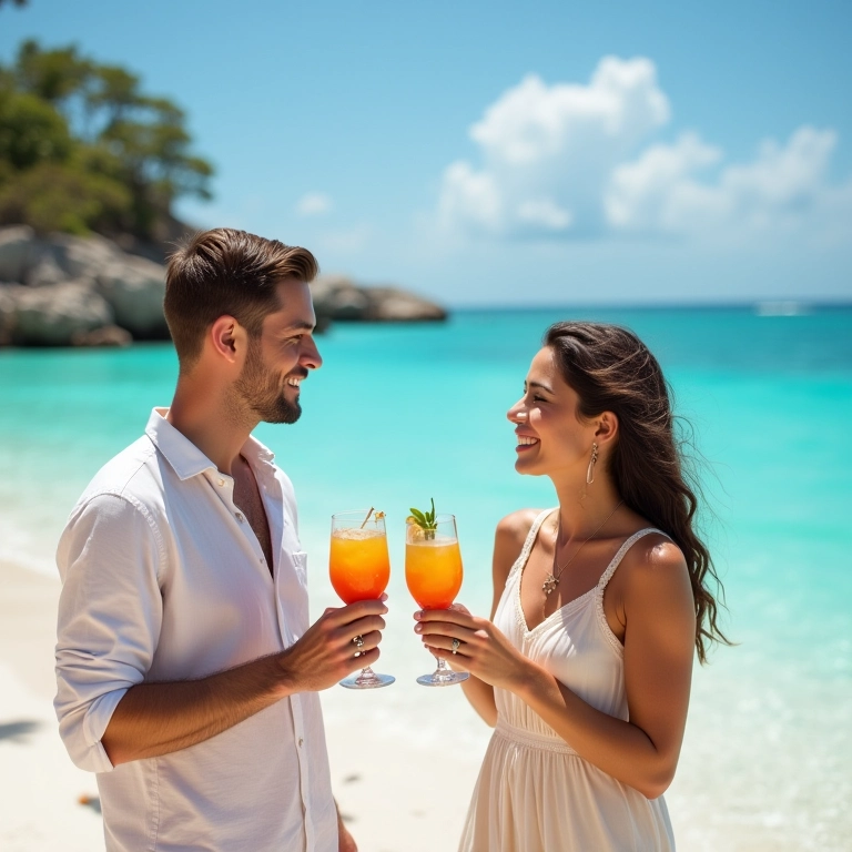 Casal brindando com drinks coloridos em praia caribenha durante a lua de mel.