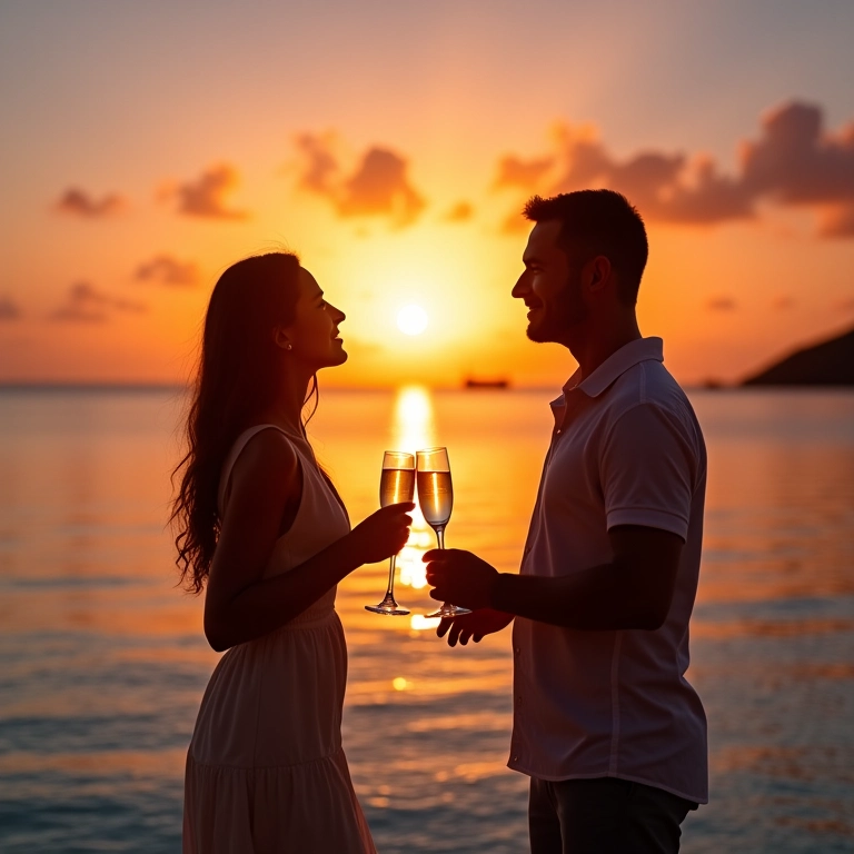 Lua de Mel na Oceania: Aventura e Paisagens Casal brindando em praia paradisíaca durante o pôr do sol em Bora Bora, lua de mel inesquecível.