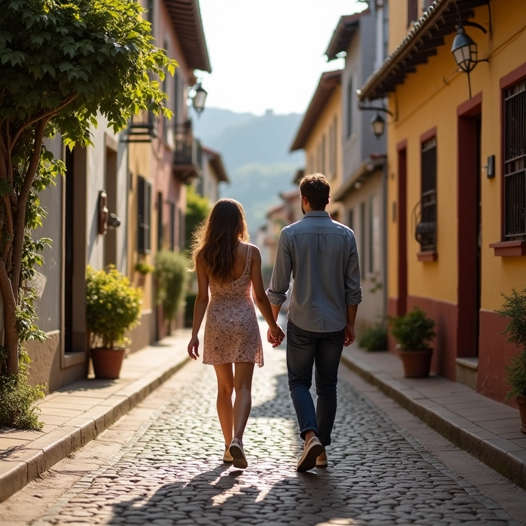 Casal caminhando de mãos dadas em Gramado durante a lua de mel.
