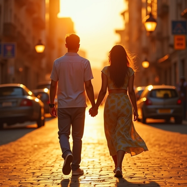 Casal caminhando de mãos dadas em rua ensolarada no Brasil, planejando o futuro.