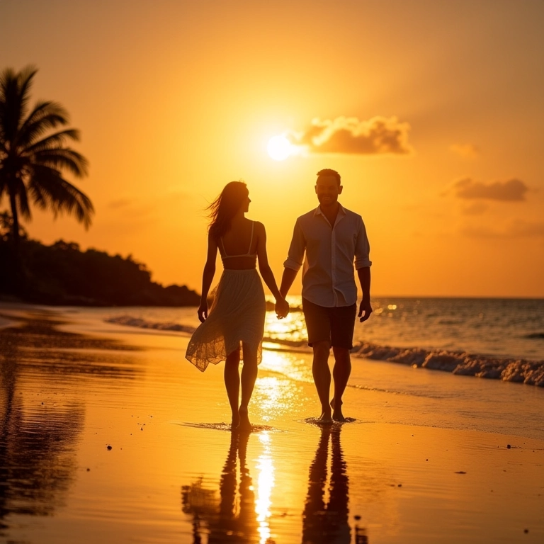Casal caminhando de mãos dadas na praia ao pôr do sol nas Ilhas Maurício.