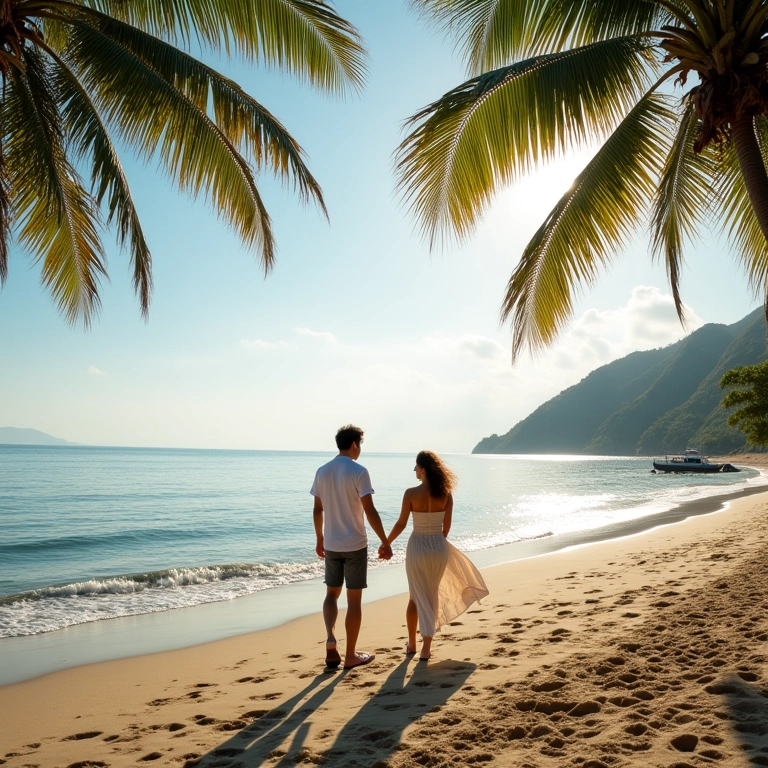 Casal caminhando de mãos dadas na Praia dos Carneiros.