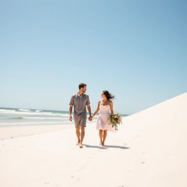 Casal caminhando em praia paradisíaca na Austrália Ocidental durante a lua de mel.