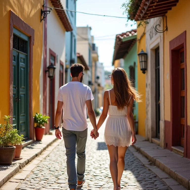 Casal caminhando pelas ruas charmosas de Arraial d'Ajuda, Bahia.