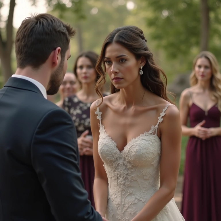 Casal chateado com assentos vazios na cerimônia, lidando com a ausência de convidados.