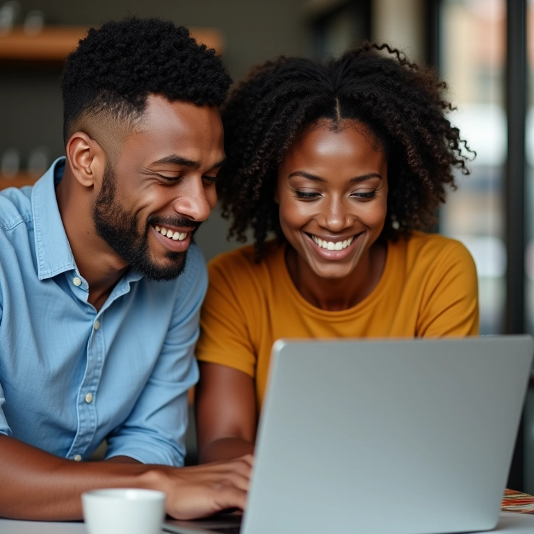 Casal comparando orçamentos de fornecedores online.