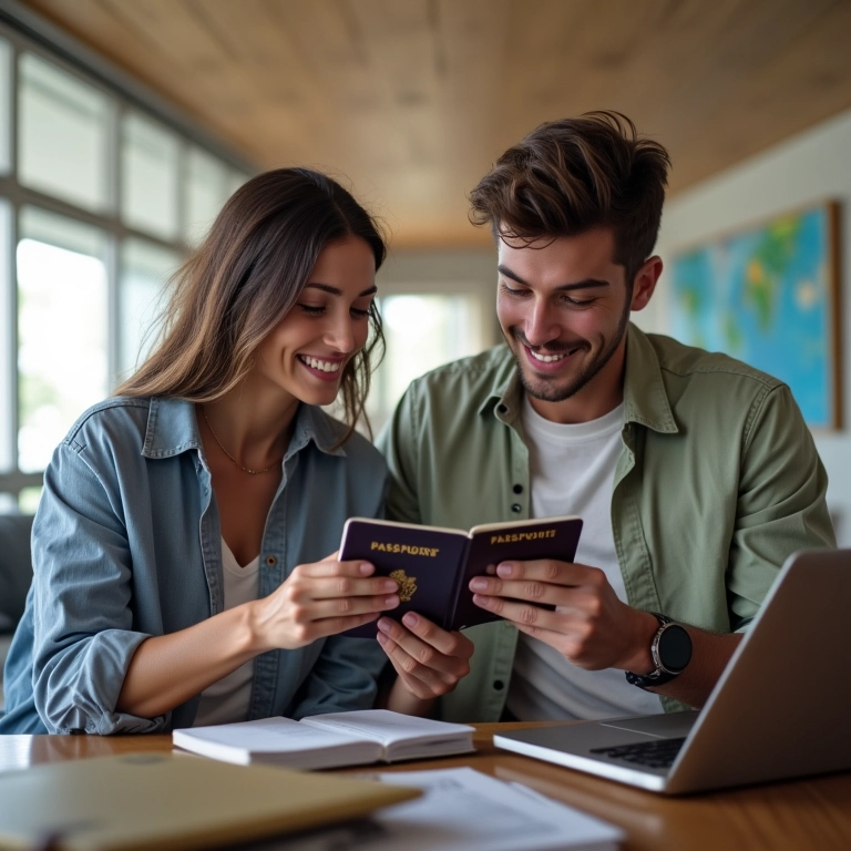 Casal conferindo passaportes e documentos de viagem para o Caribe.