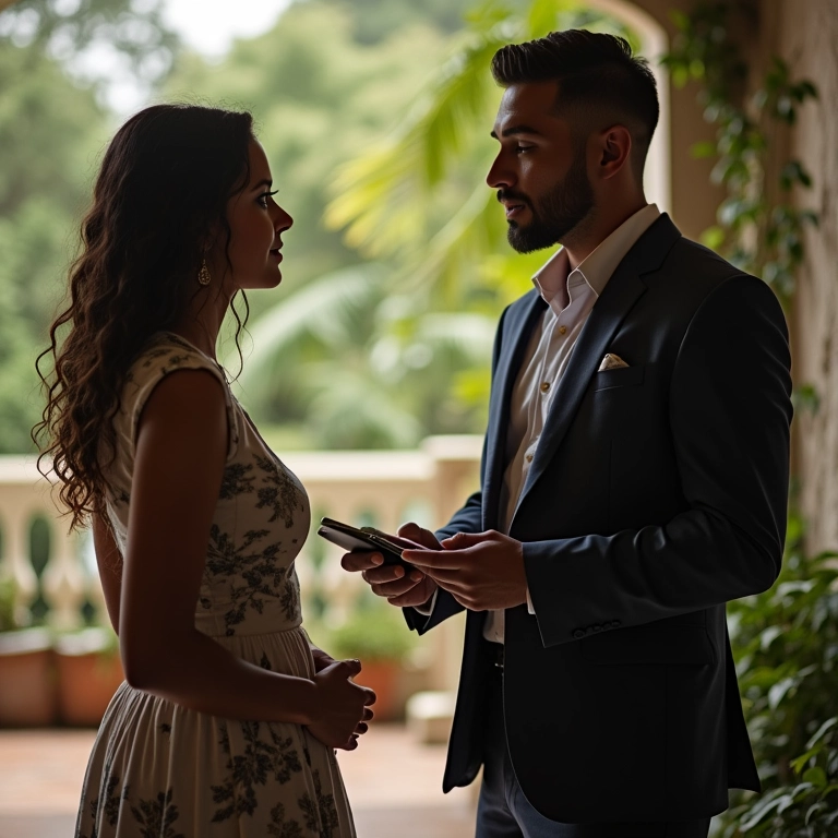 Casal consultando planejador sobre contratar som e iluminação com antecedência.