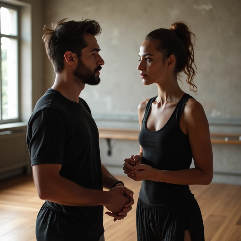 Casal conversando com coreógrafo sobre custos da coreografia.