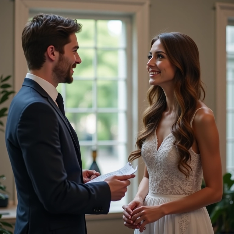 Casal conversando com o gerente de um salão de festas.