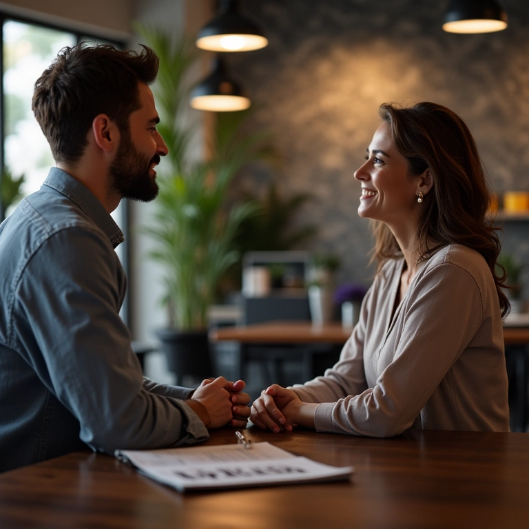 Casal conversando com planejador de eventos sobre som e iluminação.