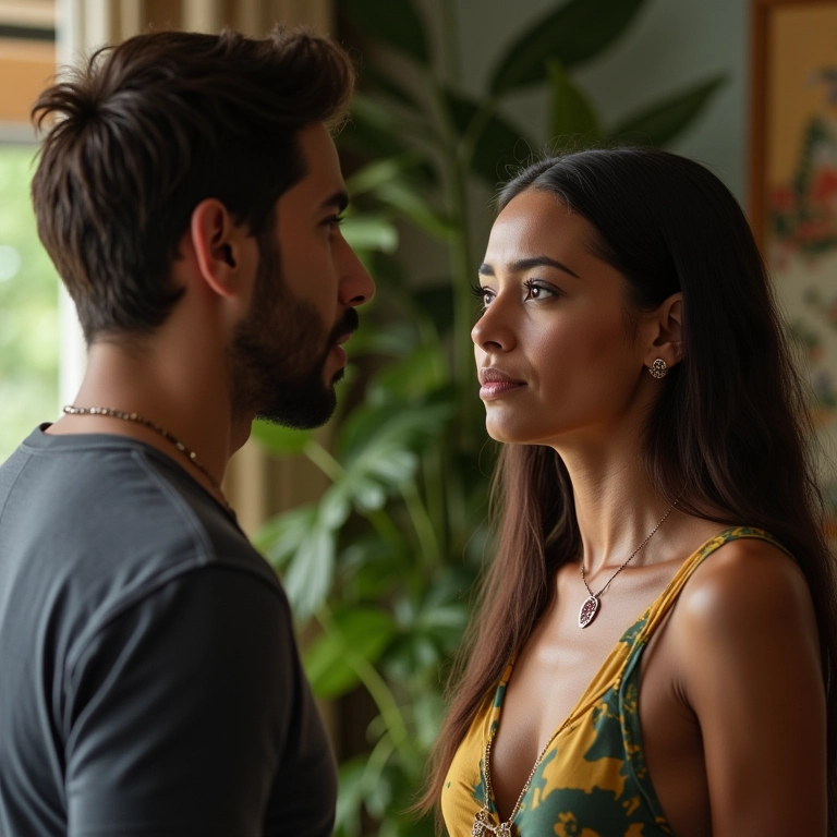 Casal conversando seriamente, representando a importância do diálogo sobre objetivos e valores antes do casamento.