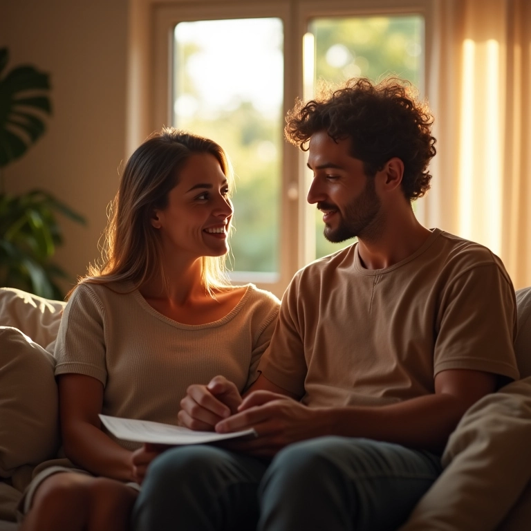 Casal conversando sobre finanças em casa aconchegante com iluminação quente.