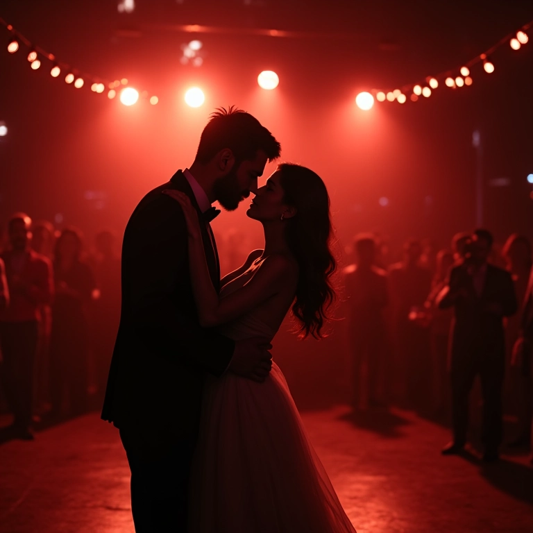 Casal dançando a primeira dança na festa de noivado sob luzes.