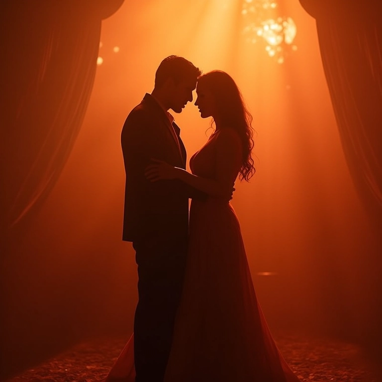 Casal dançando em ambiente romântico com música suave.
