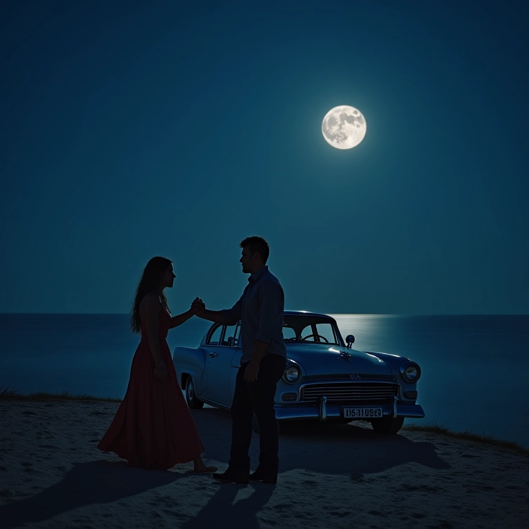 Casal dançando sob a luz da lua ao lado de carro vintage na praia.