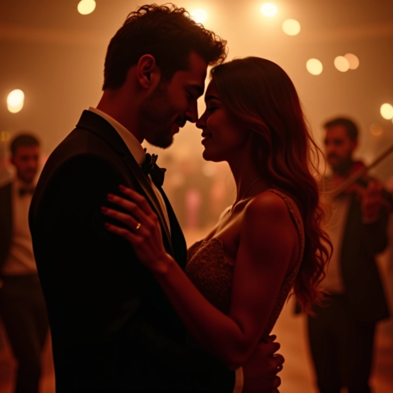 Casal dançando valsa em festa de noivado com iluminação suave e quarteto de cordas.
