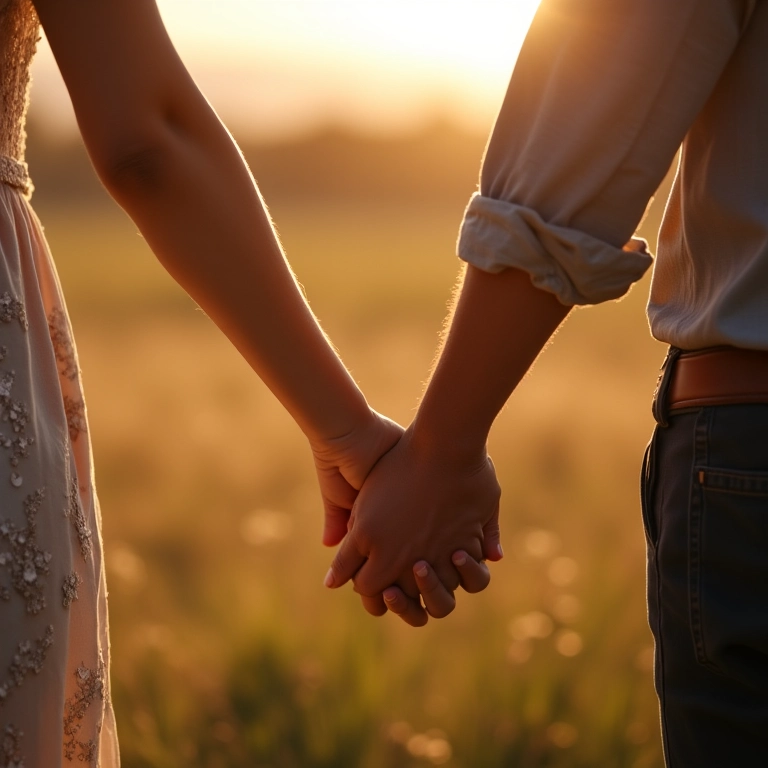 Casal de mãos dadas antes do casamento, em um 'first touch'.