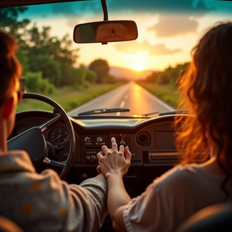 Casal de mãos dadas em carro antigo curtindo paisagem exuberante.