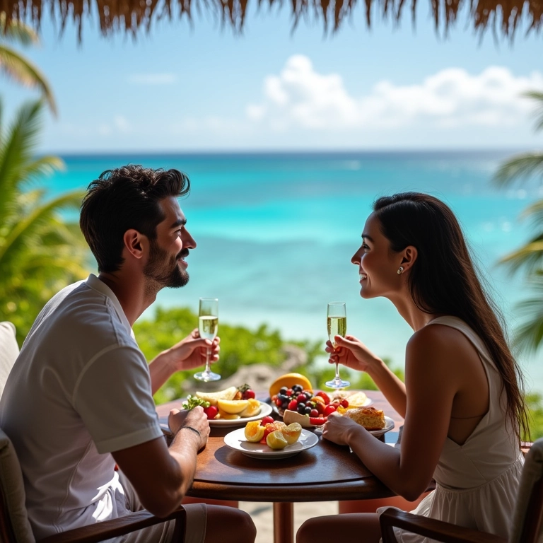 Casal desfrutando de café da manhã em resort de luxo na Oceania durante a lua de mel.