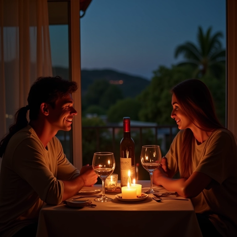 Casal desfrutando de um jantar romântico à luz de velas na varanda.