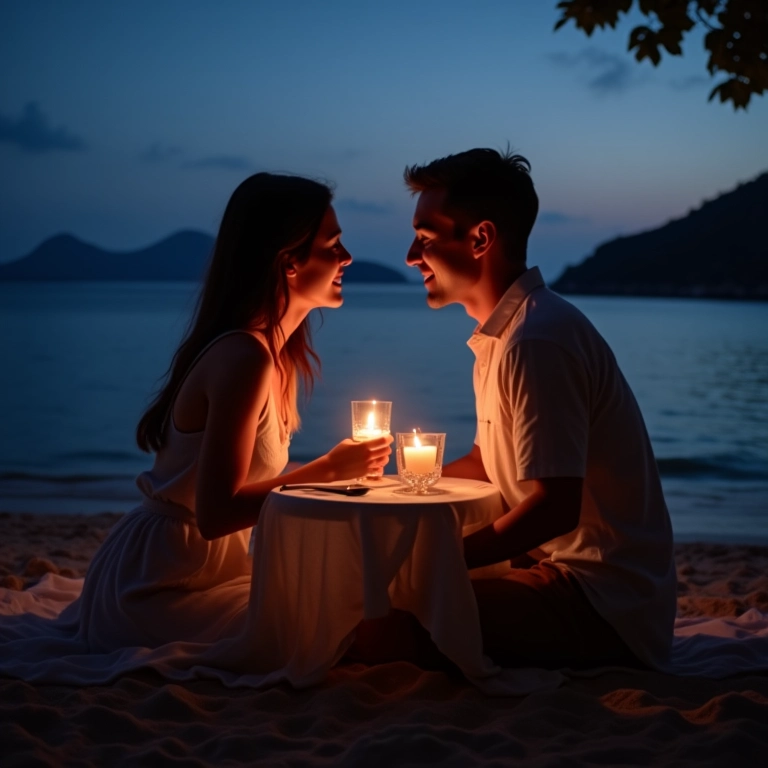 Casal desfrutando de um jantar romântico na praia em Phi Phi.