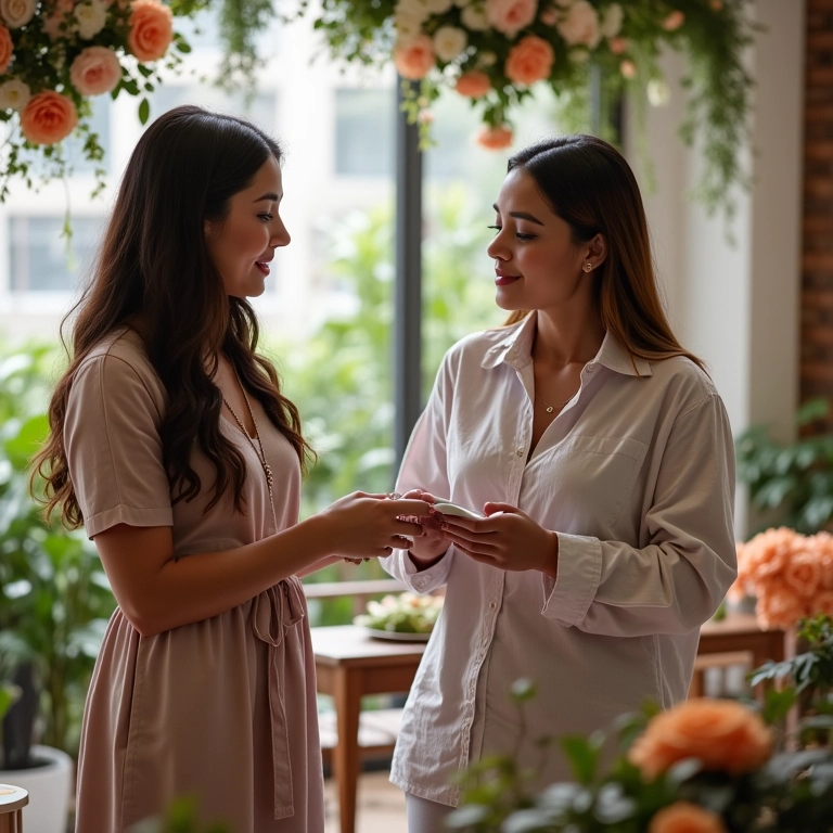 Casal discutindo ideias de decoração de casamento com decorador de eventos.