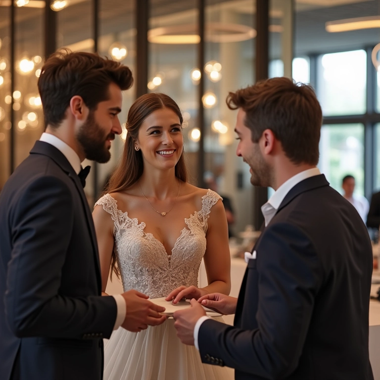 Casal discutindo opções de entretenimento para o casamento com planejador.