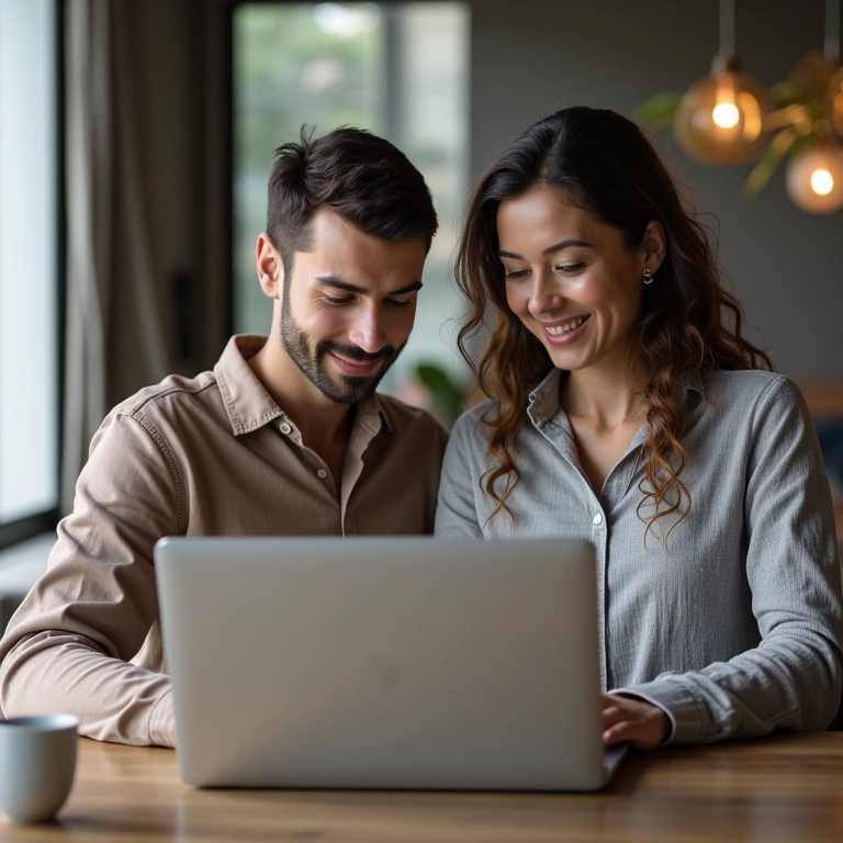 Casal discutindo orçamento para casamento virtual em apartamento moderno.
