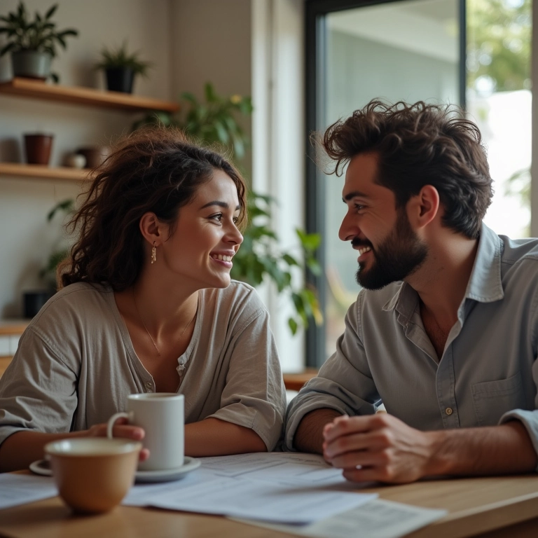 Casal discutindo os preparativos do casamento.