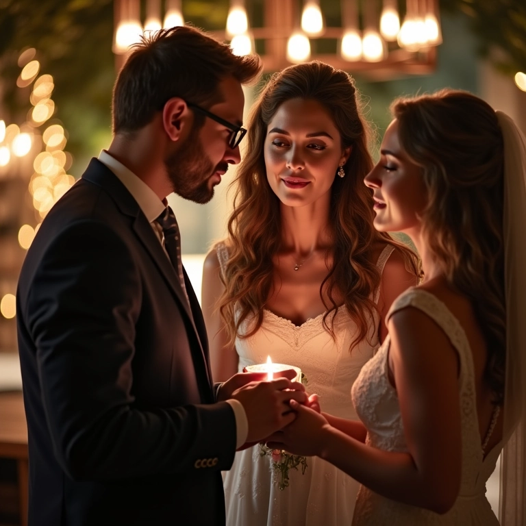 Casal discutindo soluções econômicas para iluminação de casamento.