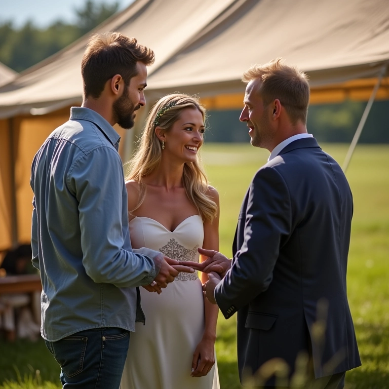 Casal discutindo tamanho ideal de tenda para casamento com representante.