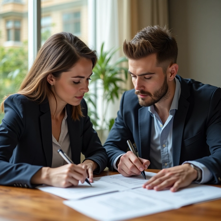 Casal diverso alterando contrato de casamento, assinando papéis