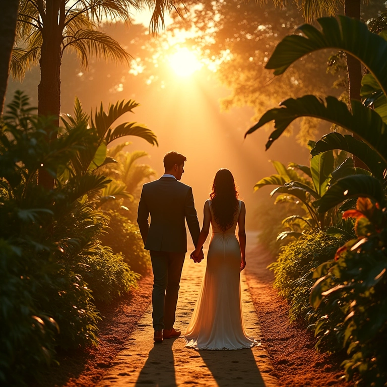 Nossa Jornada Até o Altar: Conte sua História Casal diverso de mãos dadas caminhando para o altar em jardim brasileiro.