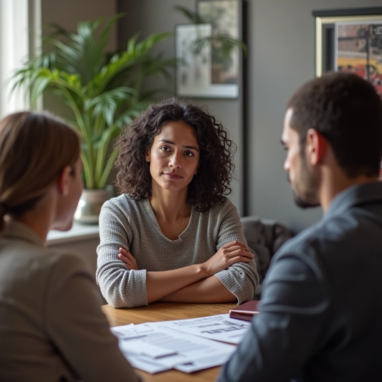 Casal diverso discutindo custos do casamento com um celebrante.