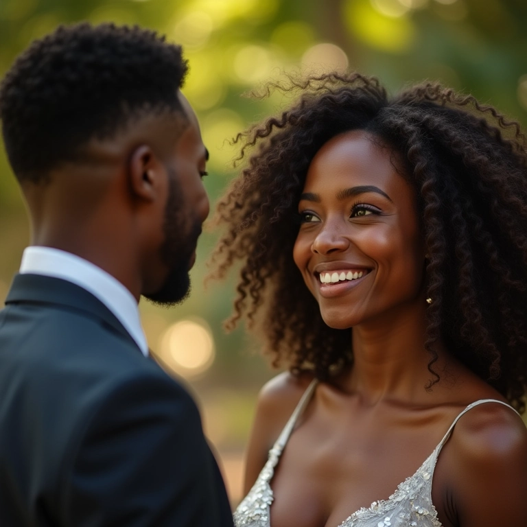 Casal diverso sorrindo enquanto amigo celebra cerimônia de casamento no quintal.