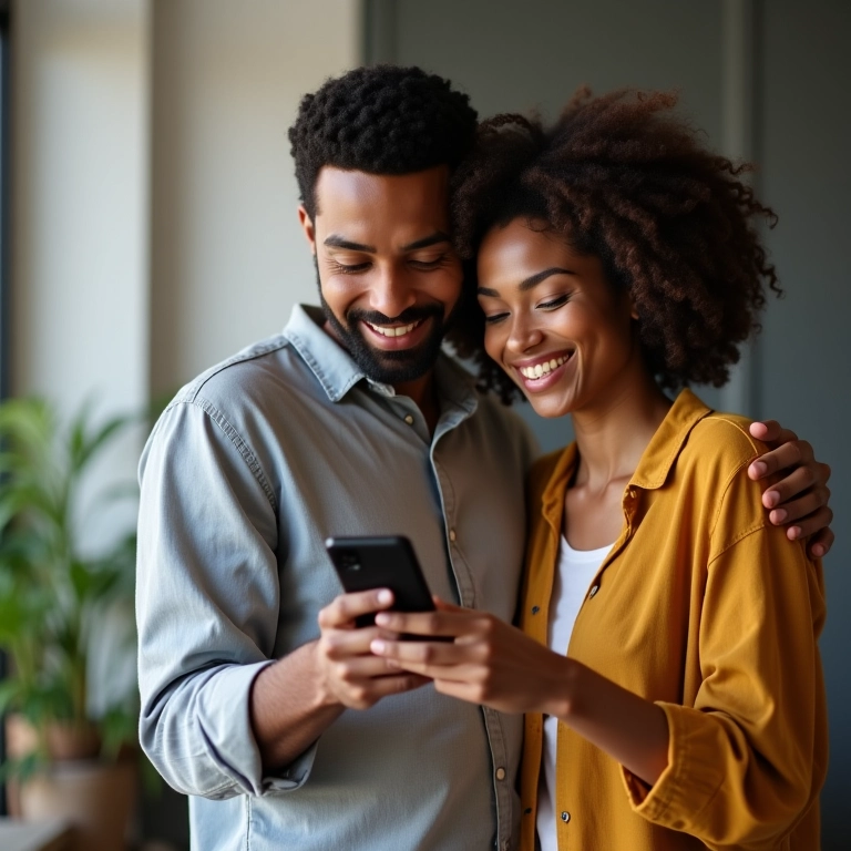 Casal economizando na lua de mel relaxante com app de viagens.