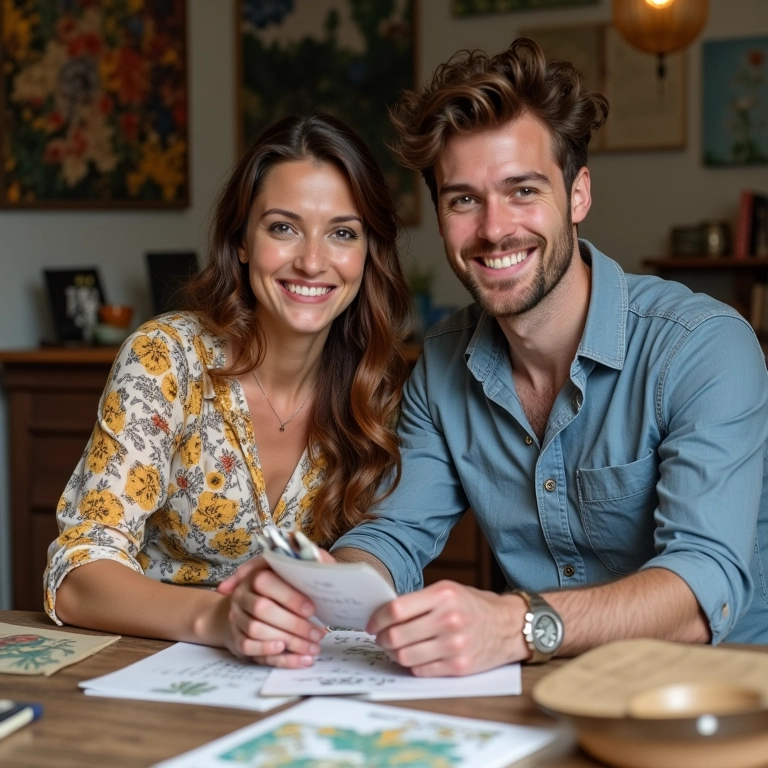 Casal elaborando o Save the Date e os convites.